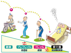 【イラスト】フレイルの説明　「フレイル予防ハンドブック」監修　飯島勝矢　東京大学高齢社会総合研究機構　より引用