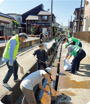 背割り排水路の一斉清掃の様子