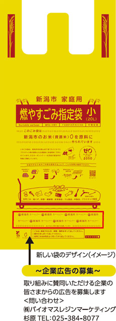 新しい袋のデザイン（イメージ）　～企業広告の募集～　取り組みに賛同いただける企業の皆さまからの広告を募集します　＜問い合わせ＞株式会社バイオマスレジンマーケティング 杉原 TEL：025-384-8077