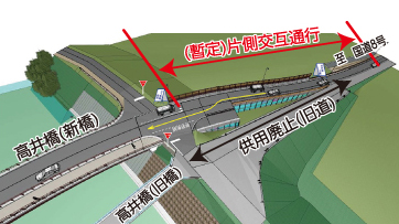 新・旧高井橋の各右岸取付道路のイラスト