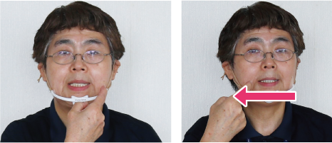手話通訳者・鈴木さんが歯を見せながら人差し指を口の端に置いている写真
・手話通訳者・鈴木さんが歯を見せながら人差し指を端から反対の端に動かしている写真
