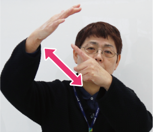手話通訳者・鈴木さんが広げた手の平にもう片方の人差し指を向け、同時に2回ほど上下させている写真