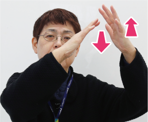 手話通訳者・鈴木さんが両手の平を広げ、指先が触れ合うように前後に動かしている写真
