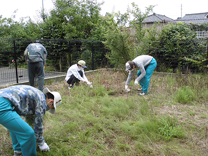 西特別支援学校の生徒が地域住民と一緒に草むしりをしている写真