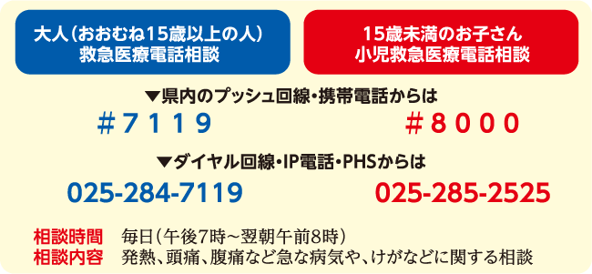 大人（おおむね15歳以上の人）救急医療電話相談は、県内のプッシュ回線・携帯電話からは#7119、ダイヤル回線・IP電話・PHSからは025-284-7119、15歳未満のお子さん小児救急医療電話相談は、県内のプッシュ回線・携帯電話からは#8000、ダイヤル回線・IP電話・PHSからは025-285-2525