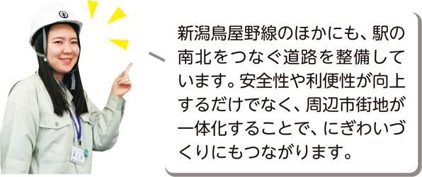 新潟鳥屋野線のほかにも、駅の南北をつなぐ道路を整備しています。安全性や利便性が向上するだけでなく、周辺市街地が一体化することで、にぎわいづくりにもつながります。