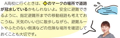 A高校に行くときは、【！】のマークの場所で道路が冠水しているかもしれないよ。安全に避難できるように、指定避難所までの移動経路も考えておこうね。天気のいい日に散歩しながら、避難ルートやふたのない側溝などの危険な場所を確認しておくことも大切です。